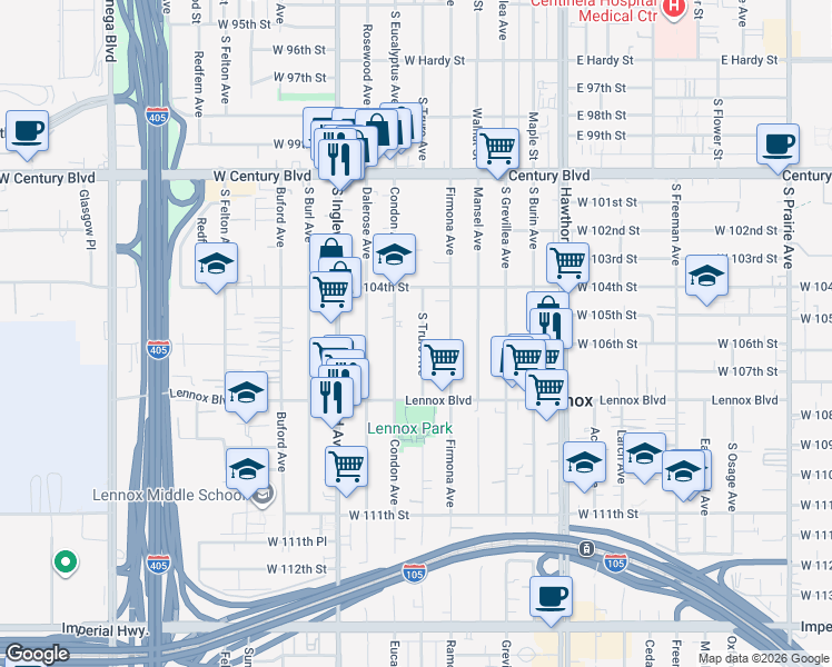 map of restaurants, bars, coffee shops, grocery stores, and more near 10520 Condon Avenue in Inglewood