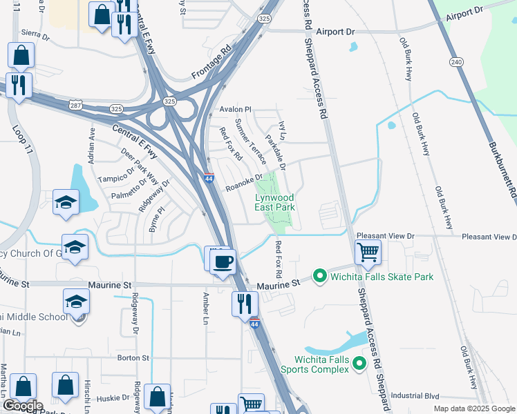 map of restaurants, bars, coffee shops, grocery stores, and more near 1508 Red Fox Road in Wichita Falls