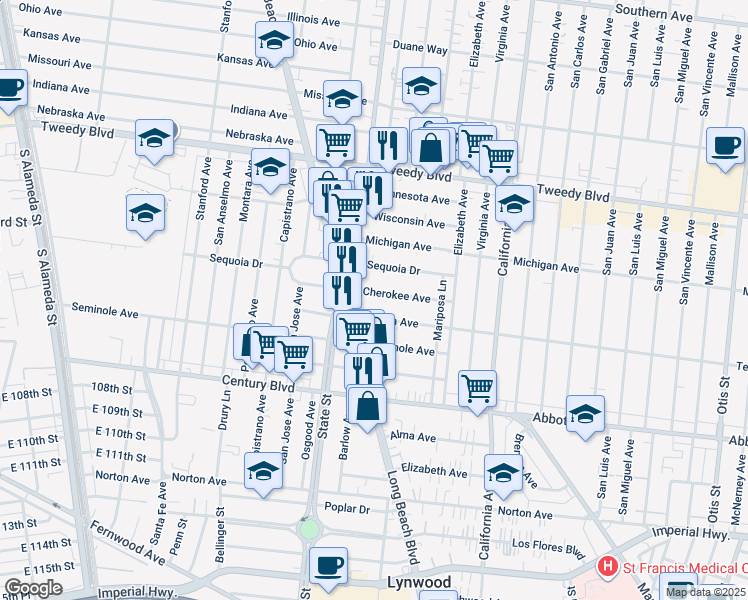 map of restaurants, bars, coffee shops, grocery stores, and more near 3276 Cherokee Avenue in South Gate