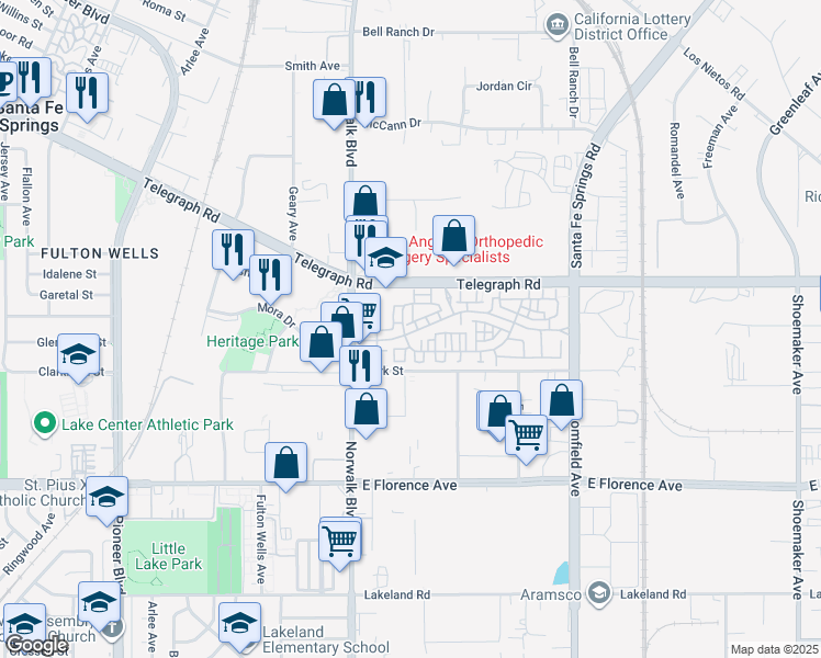 map of restaurants, bars, coffee shops, grocery stores, and more near 12201-12599,12200-12598 Park Avenue in Santa Fe Springs
