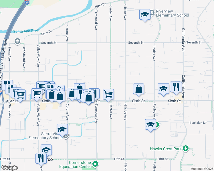 map of restaurants, bars, coffee shops, grocery stores, and more near Center Drive in Norco