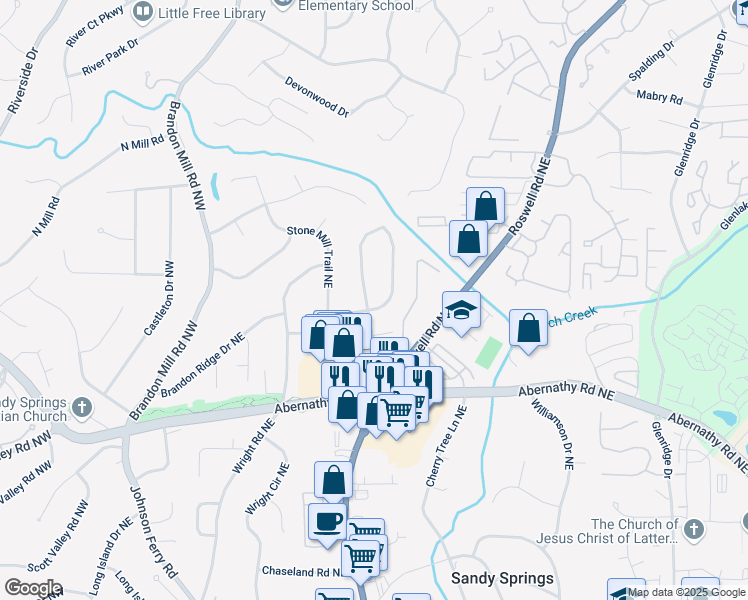 map of restaurants, bars, coffee shops, grocery stores, and more near 6795 Sunny Brook Lane Northeast in Atlanta