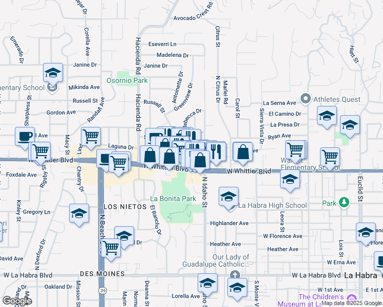 map of restaurants, bars, coffee shops, grocery stores, and more near 1305 West Whittier Boulevard in La Habra