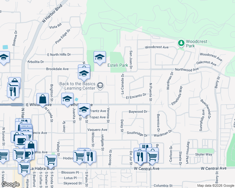 map of restaurants, bars, coffee shops, grocery stores, and more near 1335 La Canada Drive in Brea