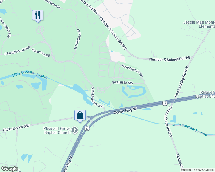 map of restaurants, bars, coffee shops, grocery stores, and more near 8856 Radcliff Drive Northwest in Calabash