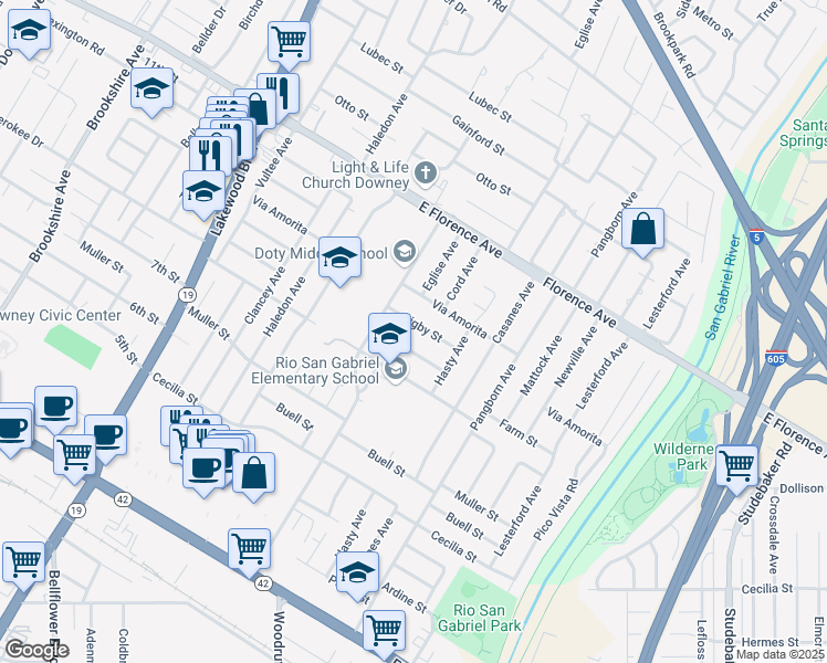 map of restaurants, bars, coffee shops, grocery stores, and more near 9338 Bigby Street in Downey