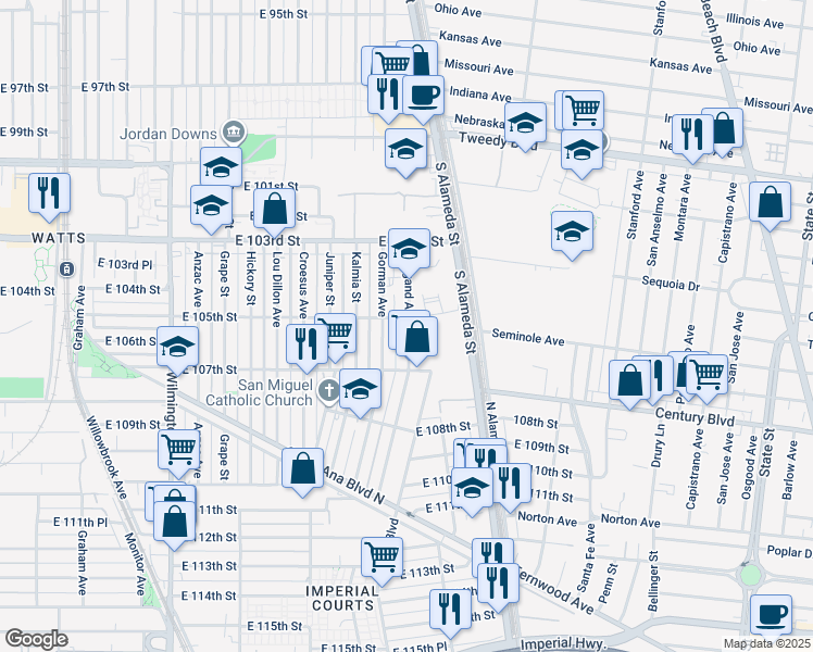 map of restaurants, bars, coffee shops, grocery stores, and more near 10501 Weigand Avenue in Los Angeles