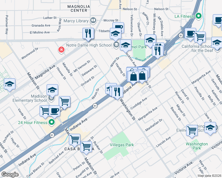 map of restaurants, bars, coffee shops, grocery stores, and more near 3460 Washington Street in Riverside