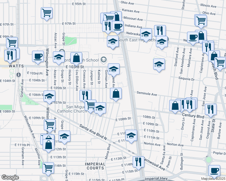 map of restaurants, bars, coffee shops, grocery stores, and more near 10501 Weigand Avenue in Los Angeles