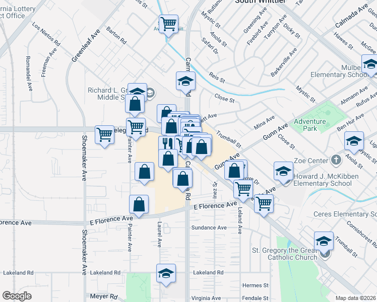 map of restaurants, bars, coffee shops, grocery stores, and more near Telegraph Rd & Carmenita Rd in Santa Fe Springs