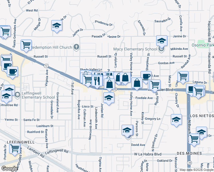 map of restaurants, bars, coffee shops, grocery stores, and more near 16435 Whittier Boulevard in Whittier