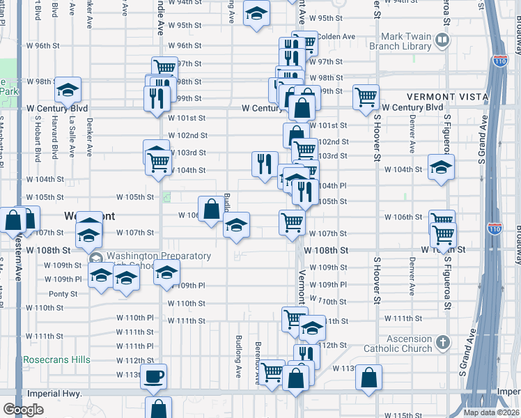 map of restaurants, bars, coffee shops, grocery stores, and more near 1101 West 106th Street in Los Angeles