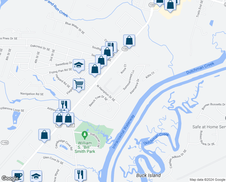 map of restaurants, bars, coffee shops, grocery stores, and more near 4854 Tobago Drive Southeast in Southport