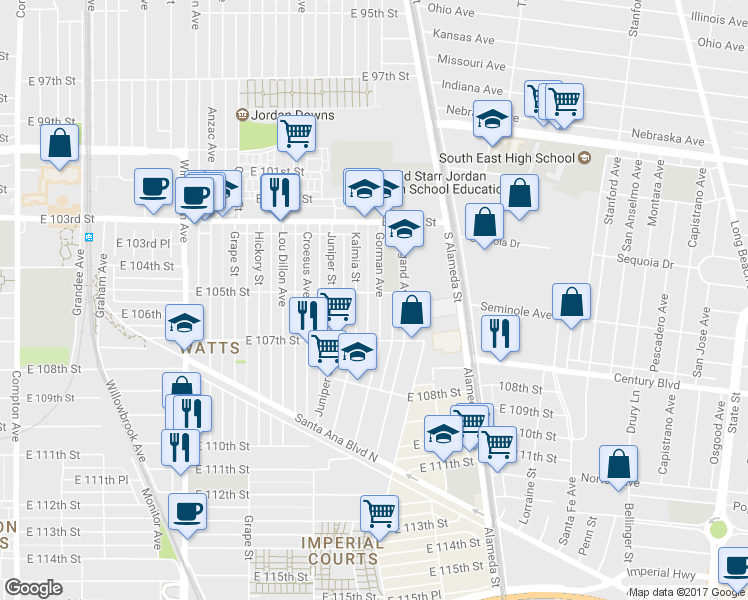 map of restaurants, bars, coffee shops, grocery stores, and more near 2272 East 105th Street in Los Angeles