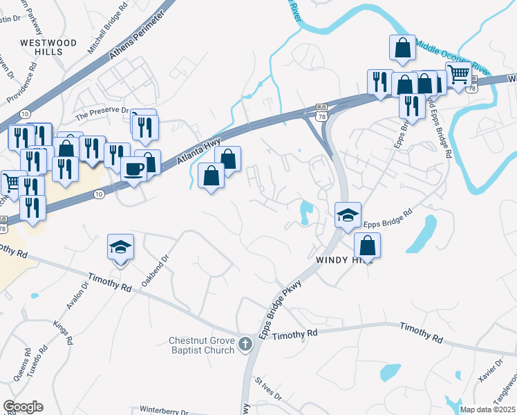 map of restaurants, bars, coffee shops, grocery stores, and more near 158 Mallard Pointe Way in Athens