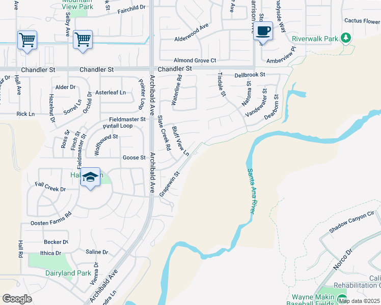 map of restaurants, bars, coffee shops, grocery stores, and more near 8082 River Bluffs Lane in Corona