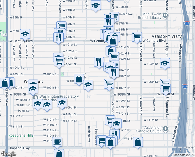 map of restaurants, bars, coffee shops, grocery stores, and more near 1101 West 106th Street in Los Angeles