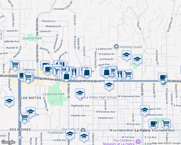 map of restaurants, bars, coffee shops, grocery stores, and more near 810 Linda Avenue in La Habra