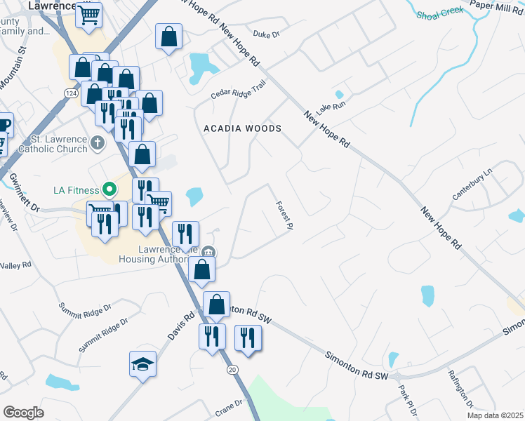 map of restaurants, bars, coffee shops, grocery stores, and more near 514 Timber Ridge Court in Lawrenceville