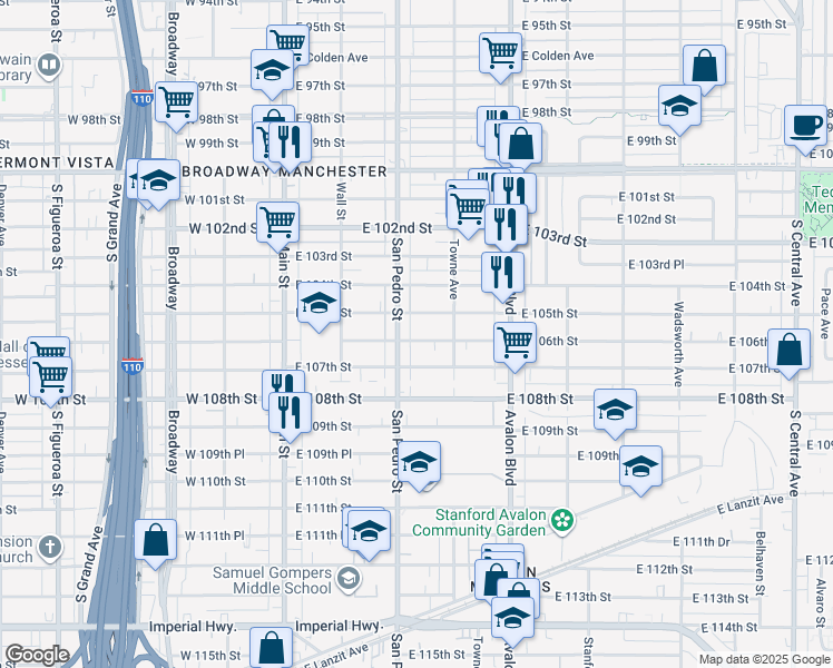 map of restaurants, bars, coffee shops, grocery stores, and more near 315 East 106th Street in Los Angeles