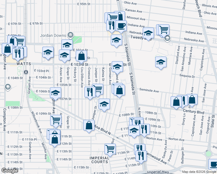 map of restaurants, bars, coffee shops, grocery stores, and more near 2272 East 105th Street in Los Angeles