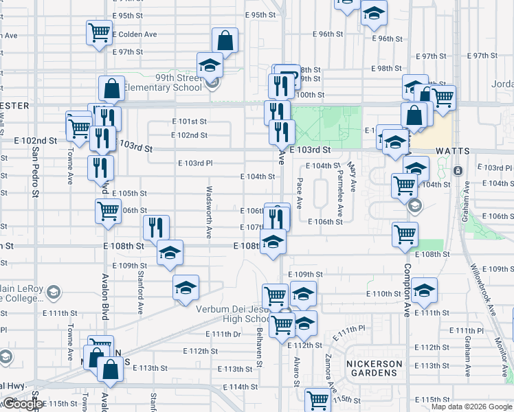 map of restaurants, bars, coffee shops, grocery stores, and more near 1129 East 106th Street in Los Angeles