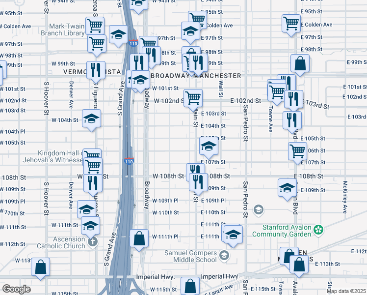 map of restaurants, bars, coffee shops, grocery stores, and more near 127 West 106th Street in Los Angeles