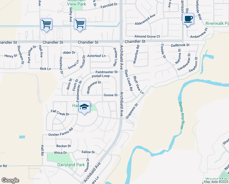 map of restaurants, bars, coffee shops, grocery stores, and more near 14211 Pintail Loop in Corona