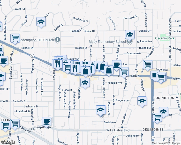 map of restaurants, bars, coffee shops, grocery stores, and more near 16435 Whittier Boulevard in Whittier
