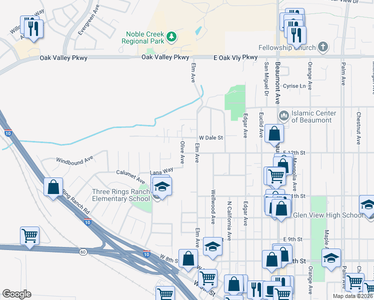 map of restaurants, bars, coffee shops, grocery stores, and more near 370 West 12th Street in Beaumont