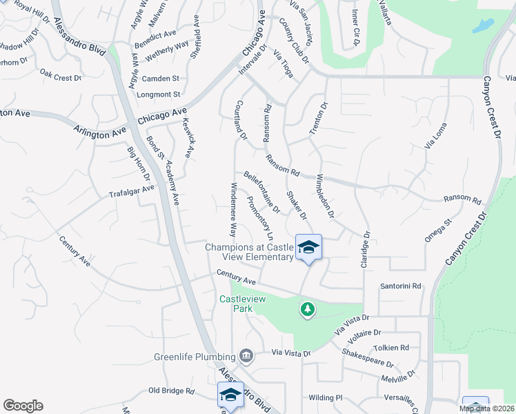map of restaurants, bars, coffee shops, grocery stores, and more near 6090 Promontory Lane in Riverside