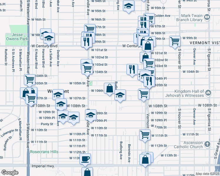 map of restaurants, bars, coffee shops, grocery stores, and more near 1233 West 106th Street in Los Angeles