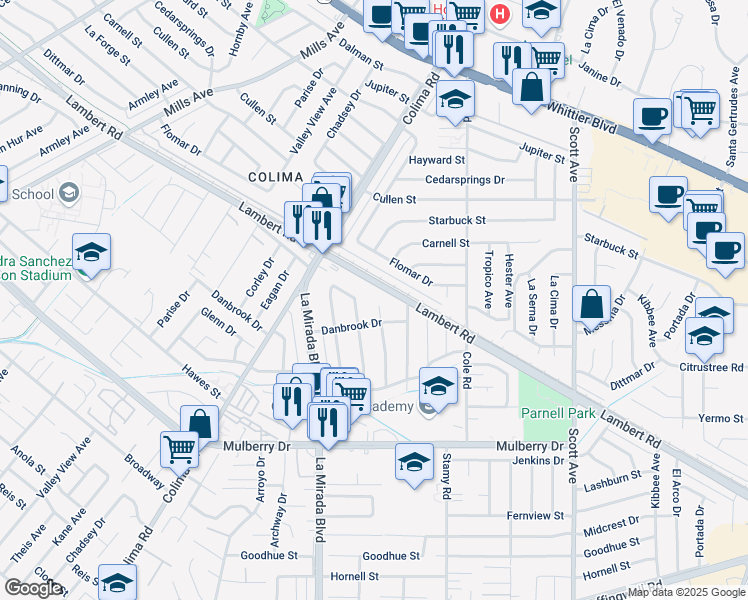 map of restaurants, bars, coffee shops, grocery stores, and more near 10403 Dalmation Avenue in Whittier