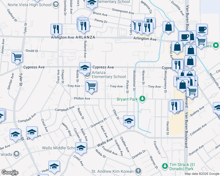 map of restaurants, bars, coffee shops, grocery stores, and more near 8590 Trey Avenue in Riverside