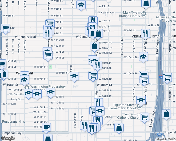 map of restaurants, bars, coffee shops, grocery stores, and more near 1031 West 106th Street in Los Angeles