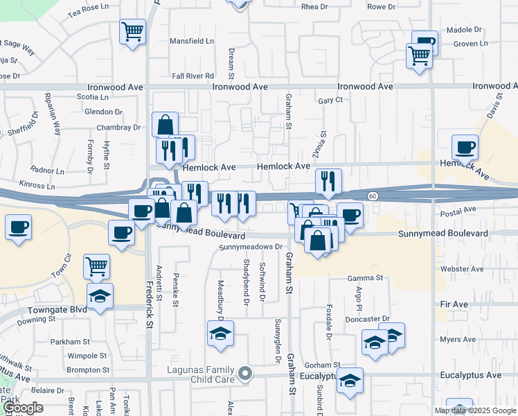 map of restaurants, bars, coffee shops, grocery stores, and more near 23318 Olive Wood Plaza Drive in Moreno Valley
