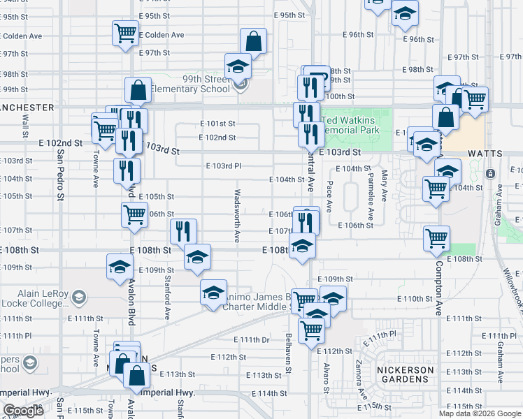map of restaurants, bars, coffee shops, grocery stores, and more near 947 East 106th Street in Los Angeles