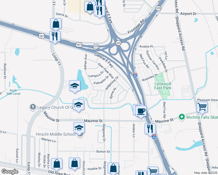 map of restaurants, bars, coffee shops, grocery stores, and more near 2712 Ridgeway Drive in Wichita Falls