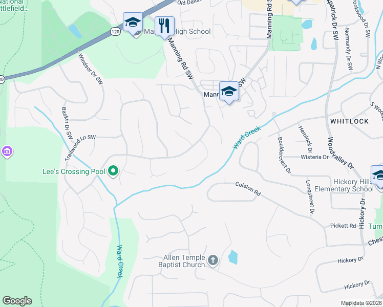 map of restaurants, bars, coffee shops, grocery stores, and more near 459 Lees Trace Southwest in Marietta