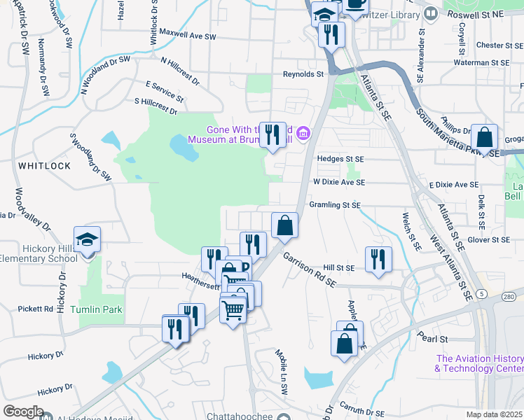 map of restaurants, bars, coffee shops, grocery stores, and more near 130 Senna Street in Marietta