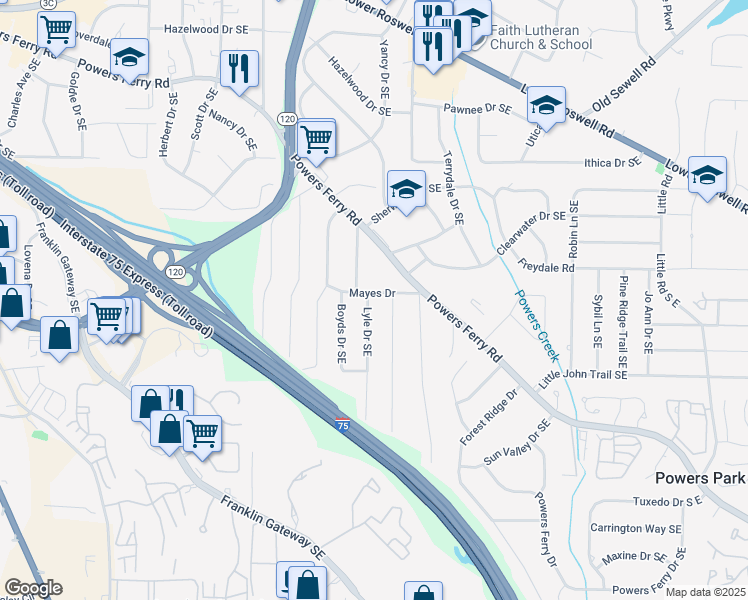 map of restaurants, bars, coffee shops, grocery stores, and more near 471 Lyle Drive Southeast in Marietta