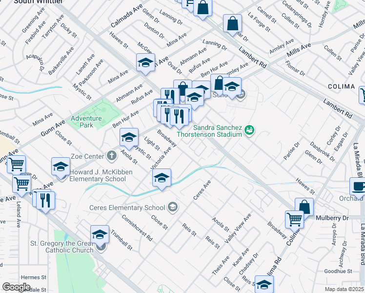 map of restaurants, bars, coffee shops, grocery stores, and more near 14223 Broadway in Whittier