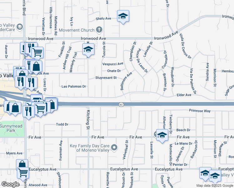 map of restaurants, bars, coffee shops, grocery stores, and more near 12408 Yuma Court in Moreno Valley