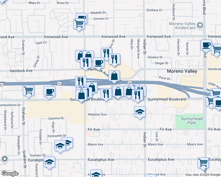 map of restaurants, bars, coffee shops, grocery stores, and more near Postal Avenue in Moreno Valley