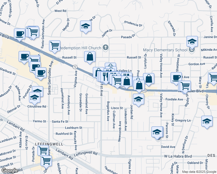 map of restaurants, bars, coffee shops, grocery stores, and more near 16244 Whittier Boulevard in Whittier