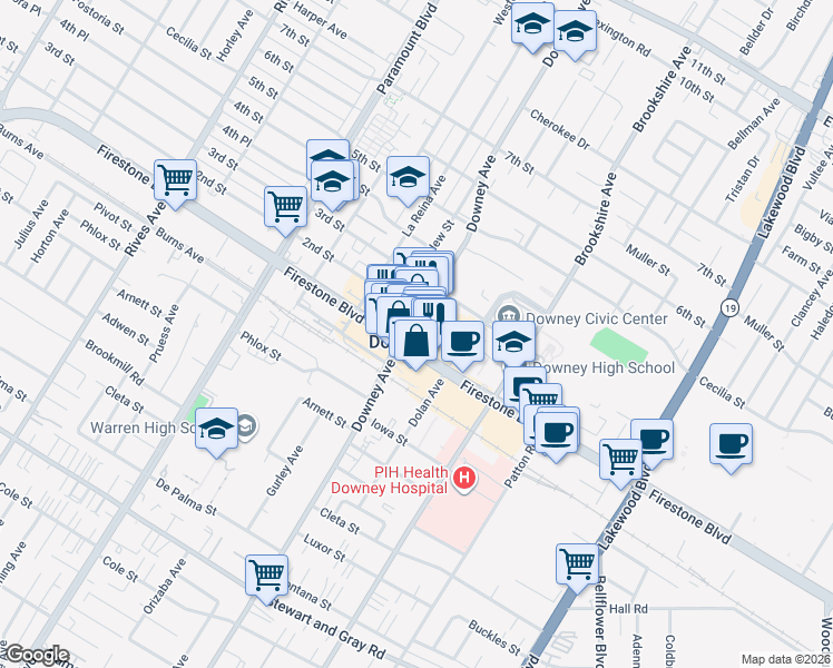 map of restaurants, bars, coffee shops, grocery stores, and more near in Downey
