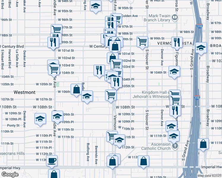 map of restaurants, bars, coffee shops, grocery stores, and more near 10531 South Vermont Avenue in Los Angeles