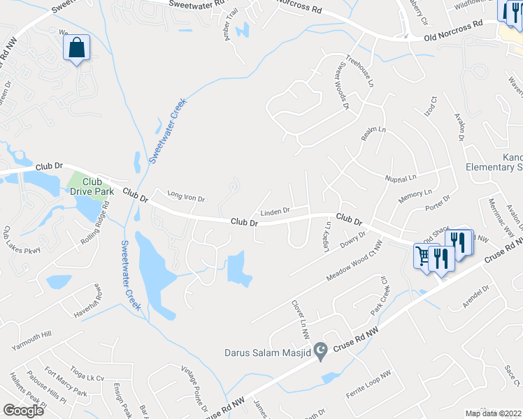map of restaurants, bars, coffee shops, grocery stores, and more near 3211 Linden Drive in Lawrenceville