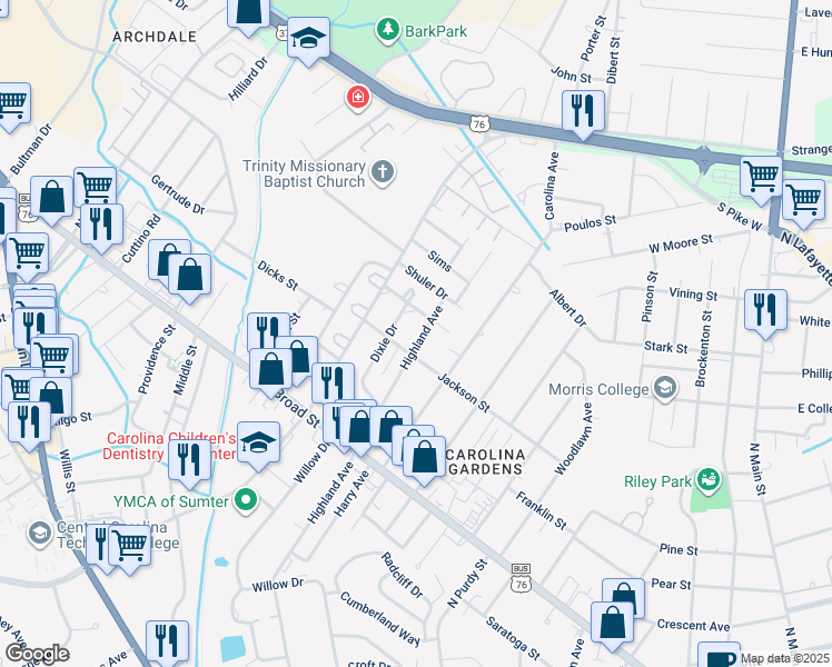 map of restaurants, bars, coffee shops, grocery stores, and more near 212 Highland Avenue in Sumter