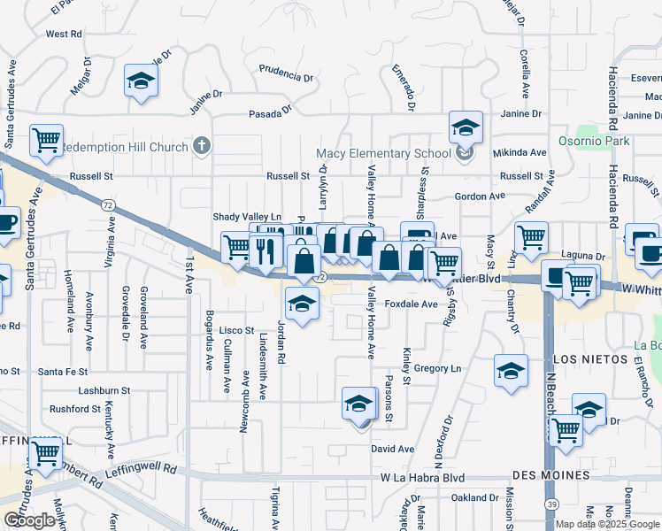 map of restaurants, bars, coffee shops, grocery stores, and more near 16526 Ancep Street in Whittier